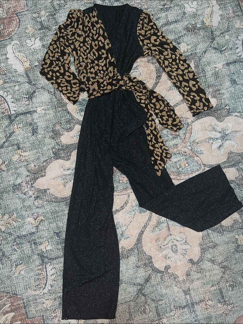 Black and Gold Sparkle Wide-Leg Jumpsuit with Leopard Wrap Top